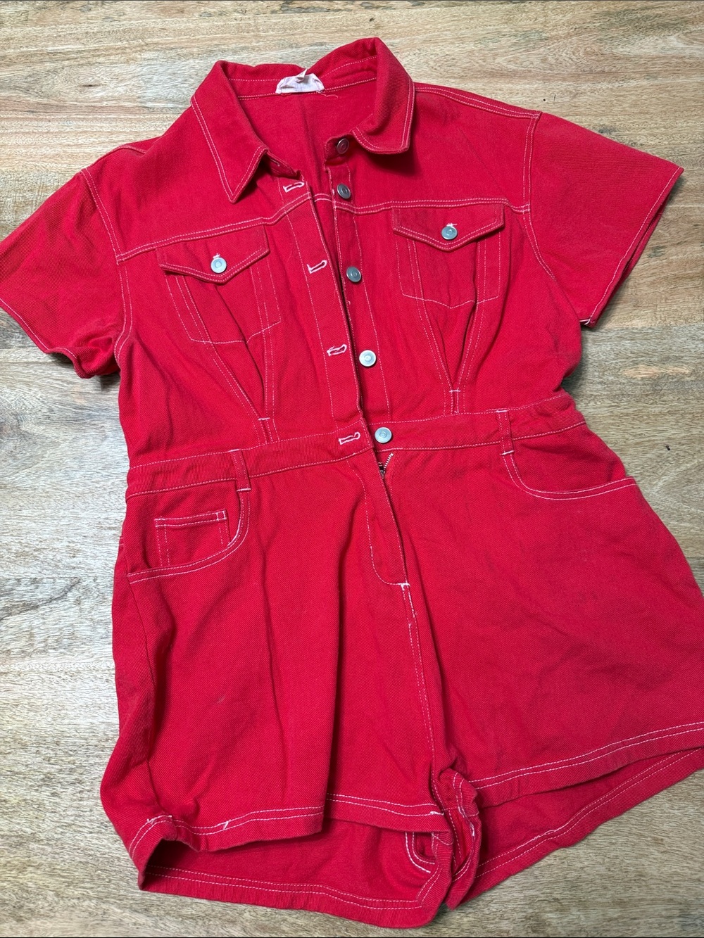 Peach Love California Red Short-Sleeve Denim Button Romper
